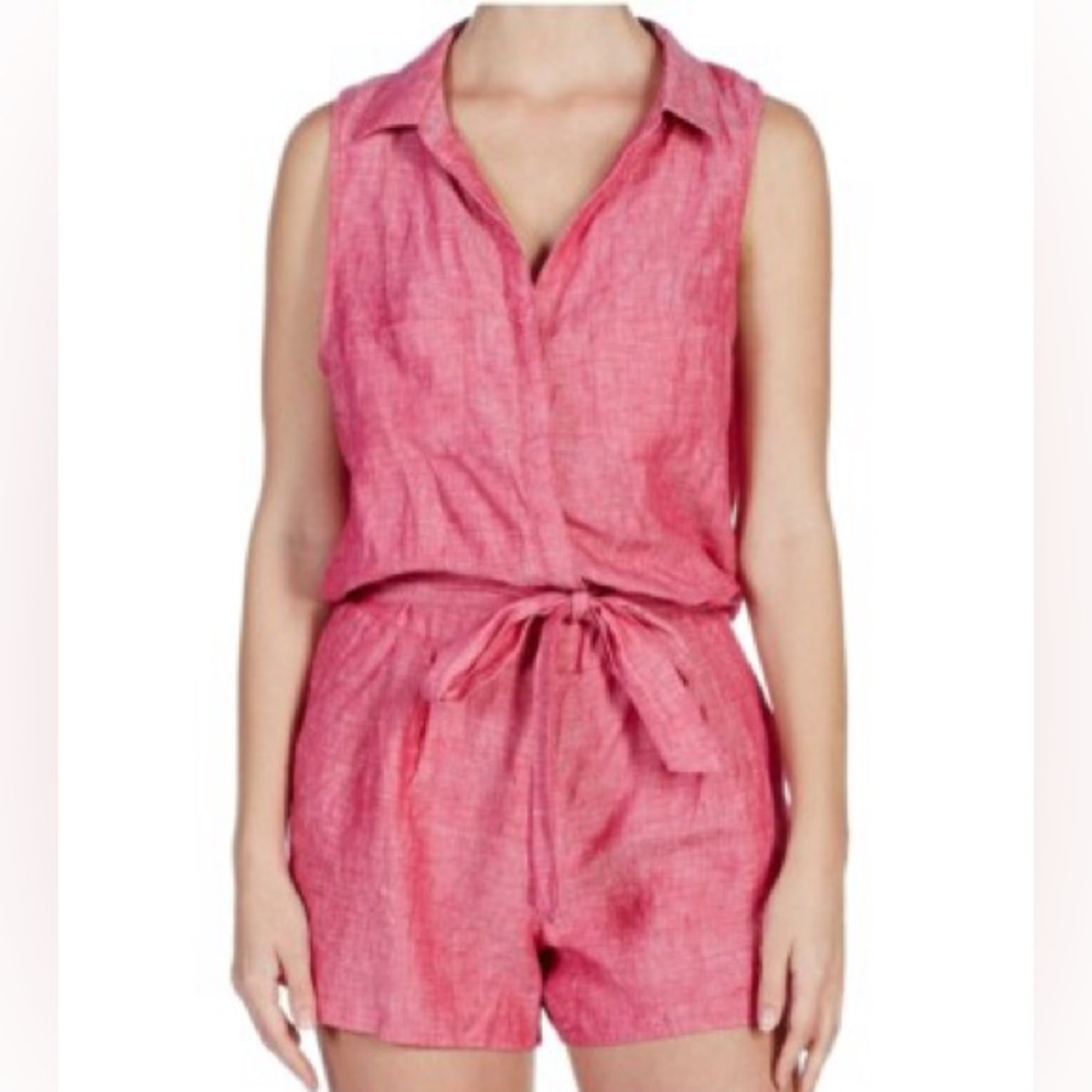 Joie Toinette Belted Linen Pink Chambray Sleeveless Romper - Medium